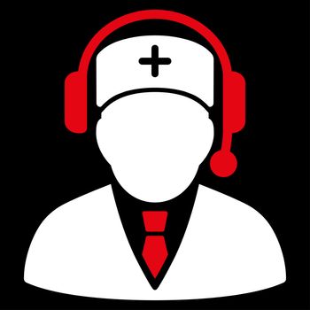Emergency Manager raster icon. Style is bicolor flat symbol, red and white colors, rounded angles, black background.