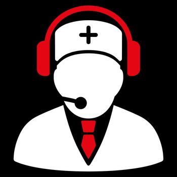 Emergency Operator raster icon. Style is bicolor flat symbol, red and white colors, rounded angles, black background.