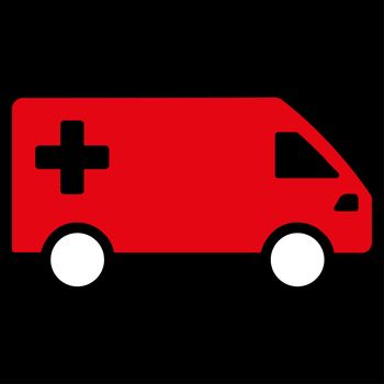 Emergency Van raster icon. Style is bicolor flat symbol, red and white colors, rounded angles, black background.