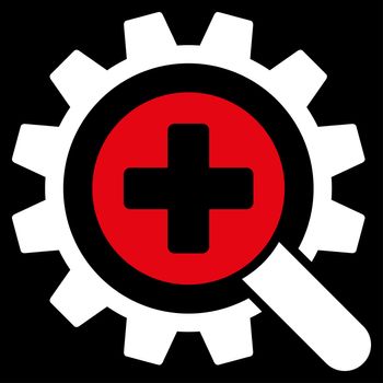 Find Medical Technology raster icon. Style is bicolor flat symbol, red and white colors, rounded angles, black background.