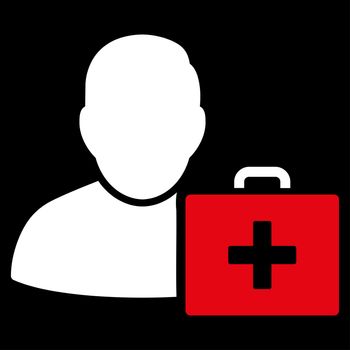 First Aid Man raster icon. Style is bicolor flat symbol, red and white colors, rounded angles, black background.