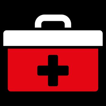 First Aid Toolbox raster icon. Style is bicolor flat symbol, red and white colors, rounded angles, black background.