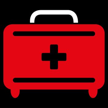 First Aid Toolkit raster icon. Style is bicolor flat symbol, red and white colors, rounded angles, black background.