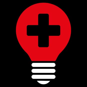 Healh Care Bulb raster icon. Style is bicolor flat symbol, red and white colors, rounded angles, black background.