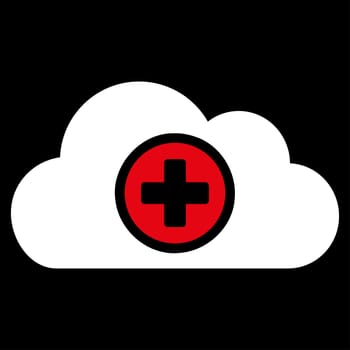 Health Care Cloud raster icon. Style is bicolor flat symbol, red and white colors, rounded angles, black background.
