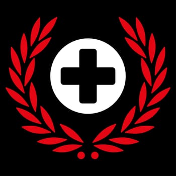 Health Care Embleme raster icon. Style is bicolor flat symbol, red and white colors, rounded angles, black background.