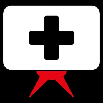 Health Care Presentation raster icon. Style is bicolor flat symbol, red and white colors, rounded angles, black background.