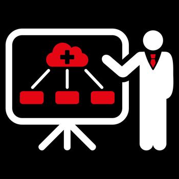 Health Care Report raster icon. Style is bicolor flat symbol, red and white colors, rounded angles, black background.