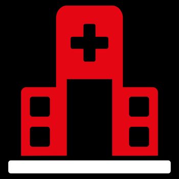 Hospital Building raster icon. Style is bicolor flat symbol, red and white colors, rounded angles, black background.