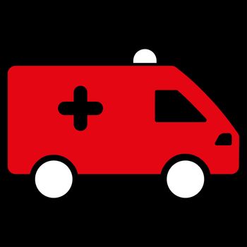 Hospital Car raster icon. Style is bicolor flat symbol, red and white colors, rounded angles, black background.