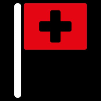 Hospital Flag raster icon. Style is bicolor flat symbol, red and white colors, rounded angles, black background.
