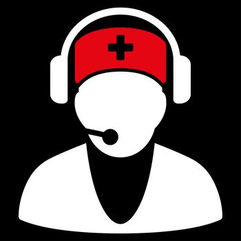 Hospital Receptionist raster icon. Style is bicolor flat symbol, red and white colors, rounded angles, black background.