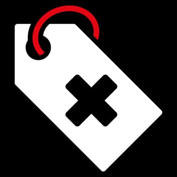 Hospital Tag raster icon. Style is bicolor flat symbol, red and white colors, rounded angles, black background.