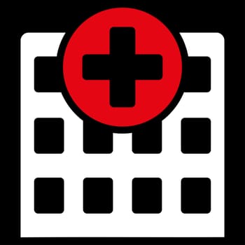 Hospital raster icon. Style is bicolor flat symbol, red and white colors, rounded angles, black background.
