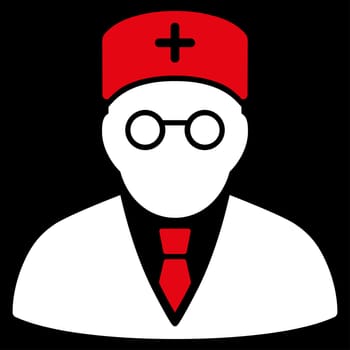Main Physician raster icon. Style is bicolor flat symbol, red and white colors, rounded angles, black background.