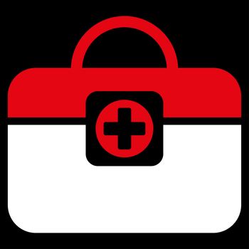 Medic Case raster icon. Style is bicolor flat symbol, red and white colors, rounded angles, black background.