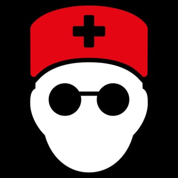 Medic Head raster icon. Style is bicolor flat symbol, red and white colors, rounded angles, black background.