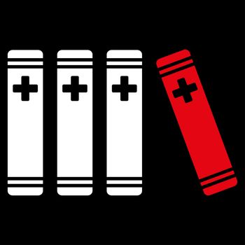 Medical Books raster icon. Style is bicolor flat symbol, red and white colors, rounded angles, black background.