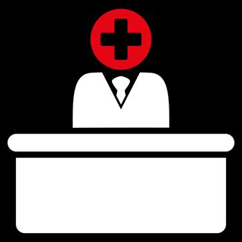 Medical Bureaucrat raster icon. Style is bicolor flat symbol, red and white colors, rounded angles, black background.