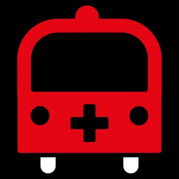 Medical Bus raster icon. Style is bicolor flat symbol, red and white colors, rounded angles, black background.