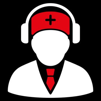 Medical Call Center raster icon. Style is bicolor flat symbol, red and white colors, rounded angles, black background.