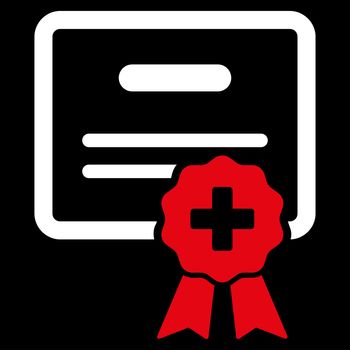 Medical Certification raster icon. Style is bicolor flat symbol, red and white colors, rounded angles, black background.