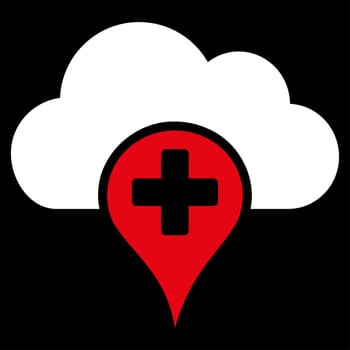 Medical Cloud raster icon. Style is bicolor flat symbol, red and white colors, rounded angles, black background.
