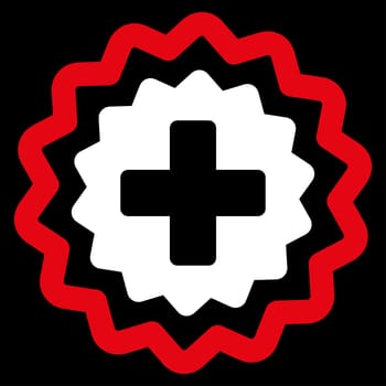 Medical Cross Stamp raster icon. Style is bicolor flat symbol, red and white colors, rounded angles, black background.
