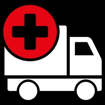 Medical Delivery raster icon. Style is bicolor flat symbol, red and white colors, rounded angles, black background.