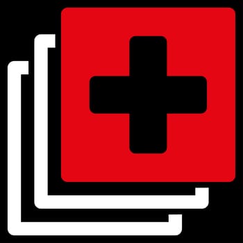 Medical Documents raster icon. Style is bicolor flat symbol, red and white colors, rounded angles, black background.