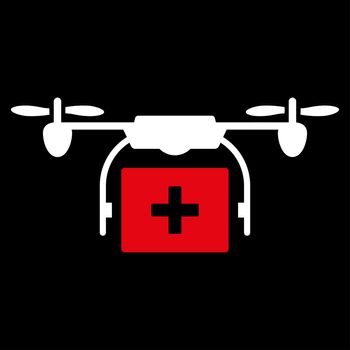 Medical Drone Shipment raster icon. Style is bicolor flat symbol, red and white colors, rounded angles, black background.