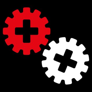 Medical Gears raster icon. Style is bicolor flat symbol, red and white colors, rounded angles, black background.
