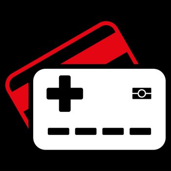 Medical Insurance Cards raster icon. Style is bicolor flat symbol, red and white colors, rounded angles, black background.