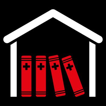 Medical Library raster icon. Style is bicolor flat symbol, red and white colors, rounded angles, black background.