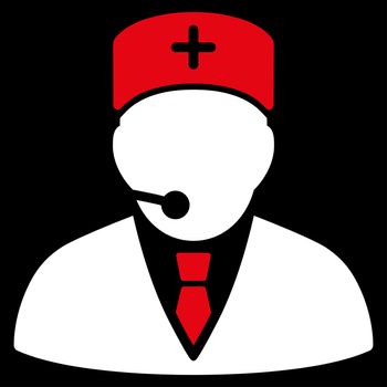 Medical Manager raster icon. Style is bicolor flat symbol, red and white colors, rounded angles, black background.