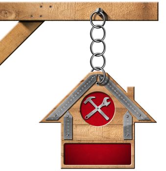 Wooden and metallic sign in the shape of house with a symbol with hammer and wrench. Hanging from a metal chain and isolated on white background