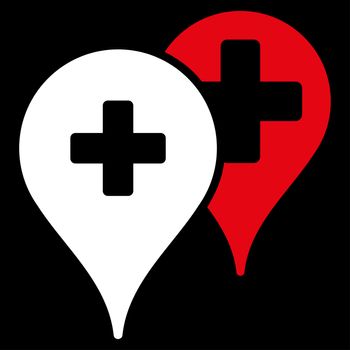 Medical Map Markers raster icon. Style is bicolor flat symbol, red and white colors, rounded angles, black background.