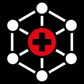 Medical Network raster icon. Style is bicolor flat symbol, red and white colors, rounded angles, black background.