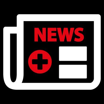 Medical Newspaper raster icon. Style is bicolor flat symbol, red and white colors, rounded angles, black background.