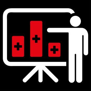 Medical Public Report raster icon. Style is bicolor flat symbol, red and white colors, rounded angles, black background.