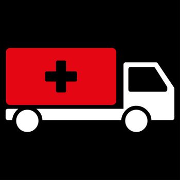 Medical Shipment raster icon. Style is bicolor flat symbol, red and white colors, rounded angles, black background.