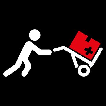 Medical Shopping raster icon. Style is bicolor flat symbol, red and white colors, rounded angles, black background.
