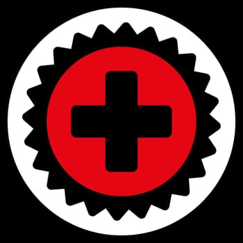 Medical Stamp raster icon. Style is bicolor flat symbol, red and white colors, rounded angles, black background.