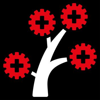 Medical Technology Tree raster icon. Style is bicolor flat symbol, red and white colors, rounded angles, black background.
