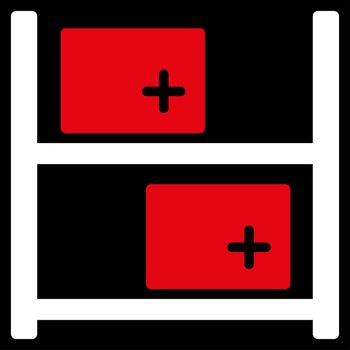 Medical Warehouse raster icon. Style is bicolor flat symbol, red and white colors, rounded angles, black background.