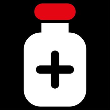 Medication Vial raster icon. Style is bicolor flat symbol, red and white colors, rounded angles, black background.