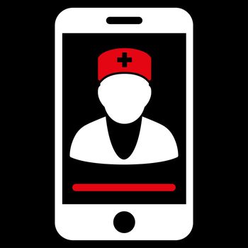 Mobile Doctor raster icon. Style is bicolor flat symbol, red and white colors, rounded angles, black background.