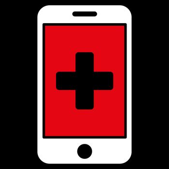 Mobile Medicine raster icon. Style is bicolor flat symbol, red and white colors, rounded angles, black background.