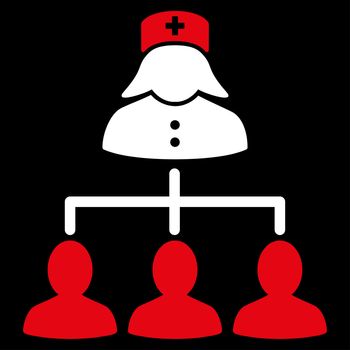 Nurse Patients Connections raster icon. Style is bicolor flat symbol, red and white colors, rounded angles, black background.