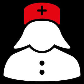 Nurse raster icon. Style is bicolor flat symbol, red and white colors, rounded angles, black background.